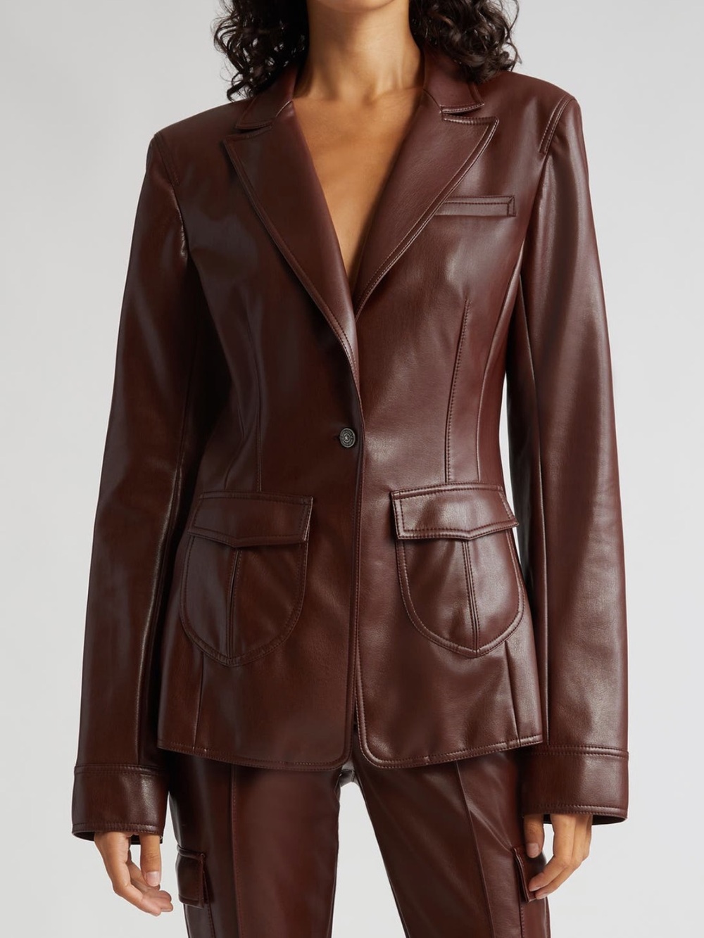 cinq a sept Tobacco Colored Faux Leather Blazer Jacket